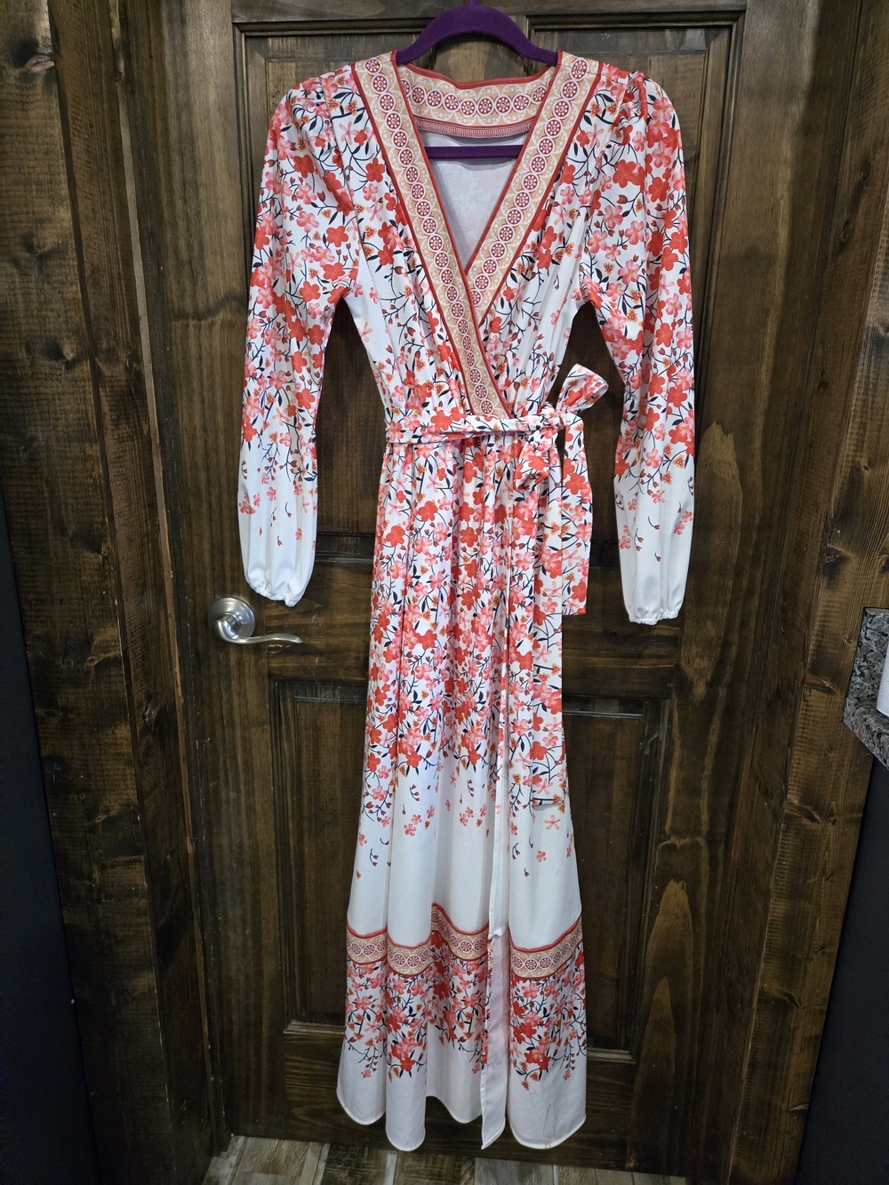 Floral Wrap Maxi Dress in Coral and White